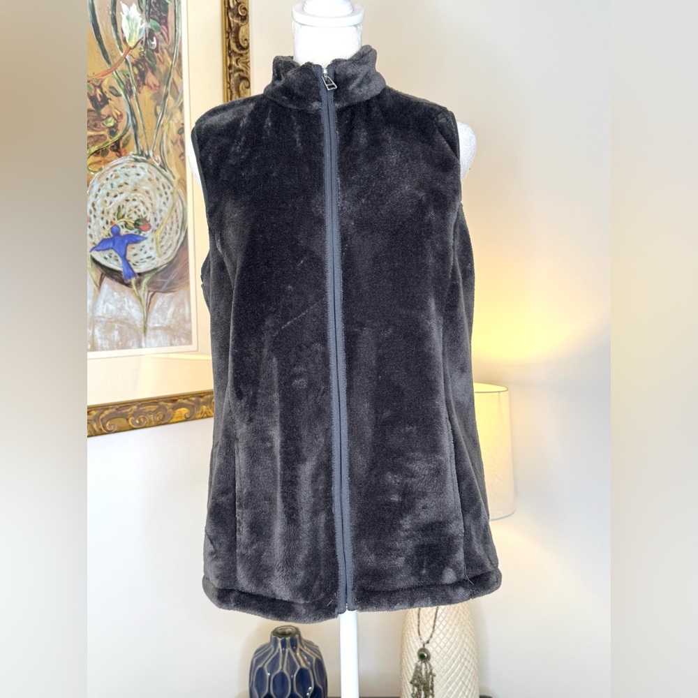 Kim Rogers Petite Small Zip Front Fleece Vest Charcoal Gray 100% Polyester 24” L